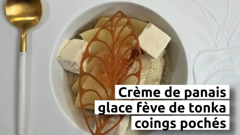 A feu doux : 5ème Saveur-l'Âtre #05 Crème de panais, glace fève de tonka, coings pochés