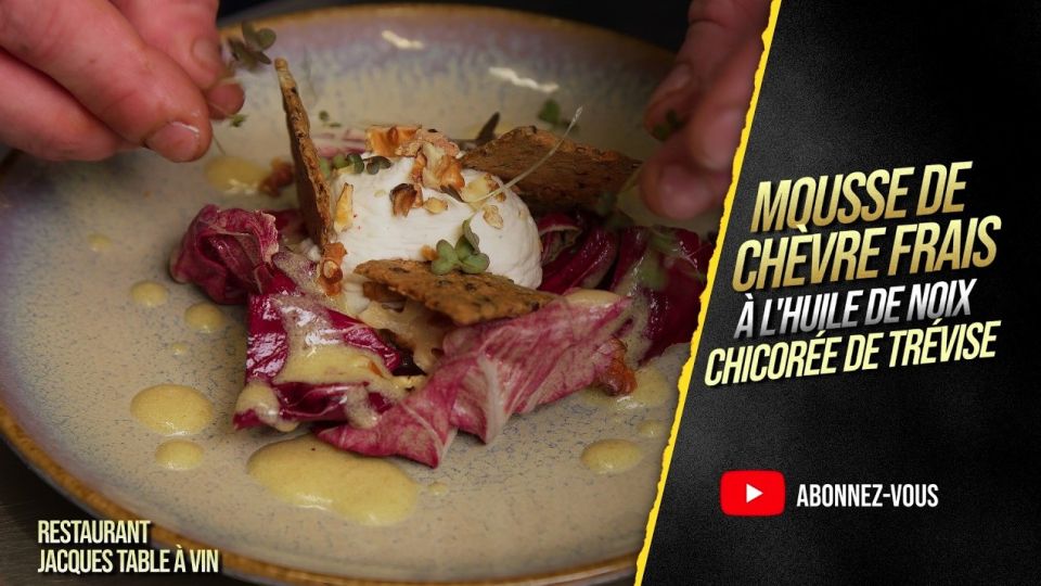A feu doux : Jacques-Table à Vin #04 Mousse de chèvre frais à l'huile de noix, chicorée de Trévise & vinaigrette aux noix
